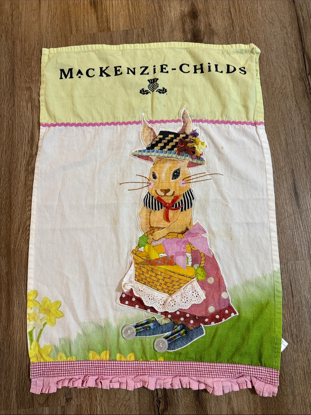 MacKenzie-Childs Easter "Miss Bunny in Hat" fabric placemat/dish towel